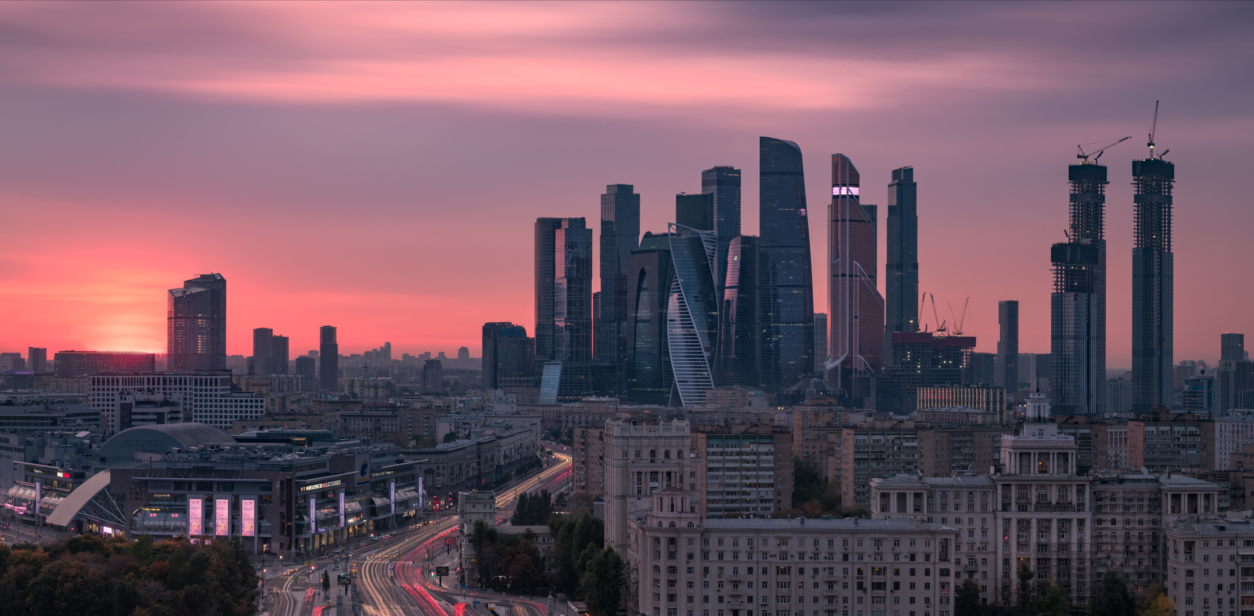 Moscow-City skyline at sunset, with Federation Tower East visible at center