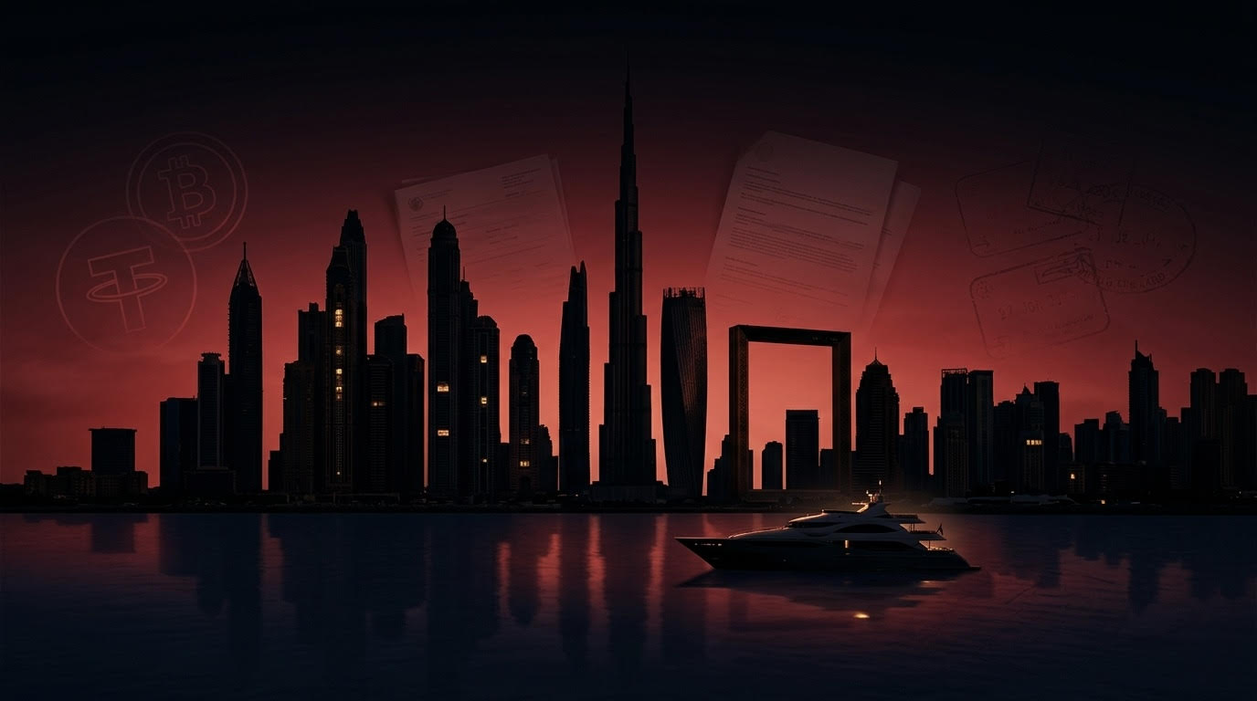 Dark atmospheric illustration of Dubai skyline at dusk representing jurisdictional safe havens for illicit finance