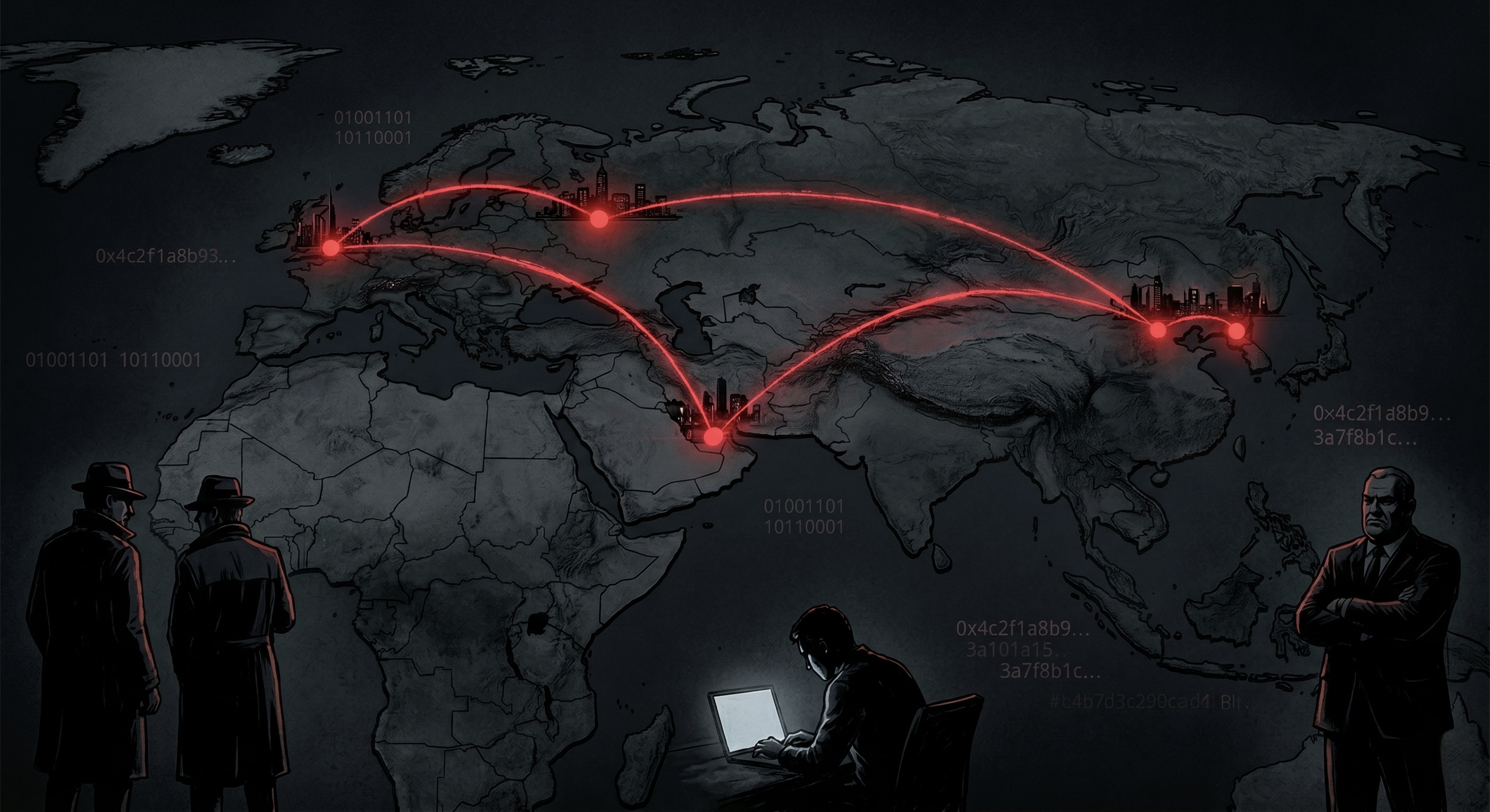 Global crypto crime convergence map showing interconnected nodes across Russia, China, North Korea, Dubai, and London