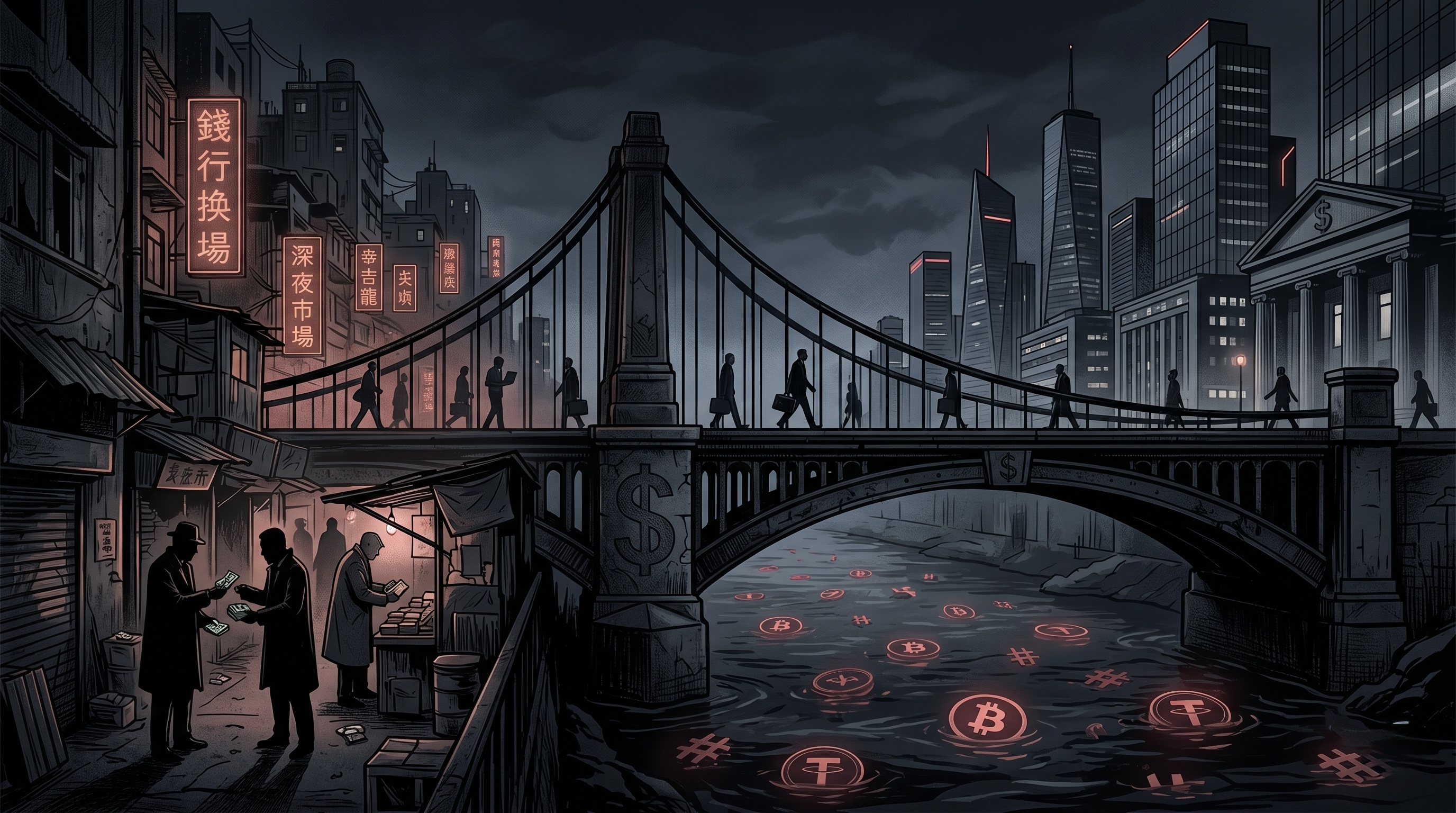 Editorial illustration depicting underground banking bridging criminal and legitimate economies