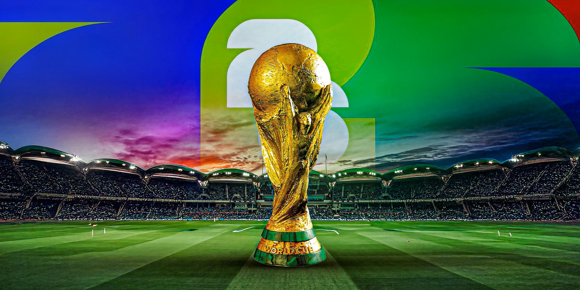The FIFA World Cup trophy on a floodlit stadium pitch, overlaid with the 2026 tournament branding