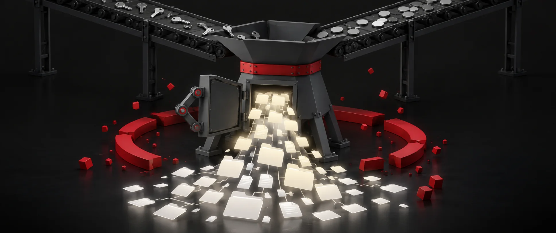 An isometric sorting machine funnels keys and credit tokens inside a broken crimson ring; its own service hatch hangs open, held by a small robotic arm, spilling a cascade of its files into the dark.