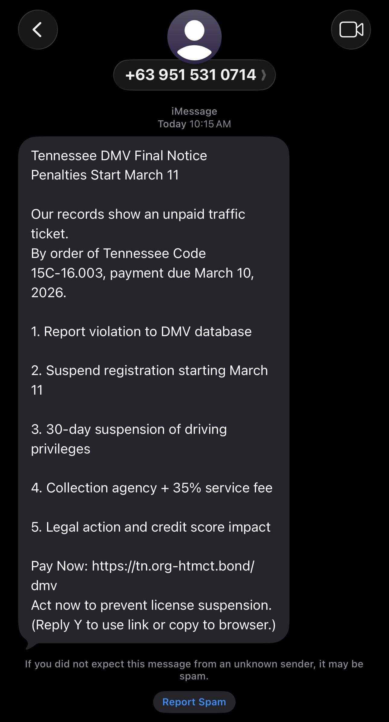 Smishing text message impersonating Tennessee DMV