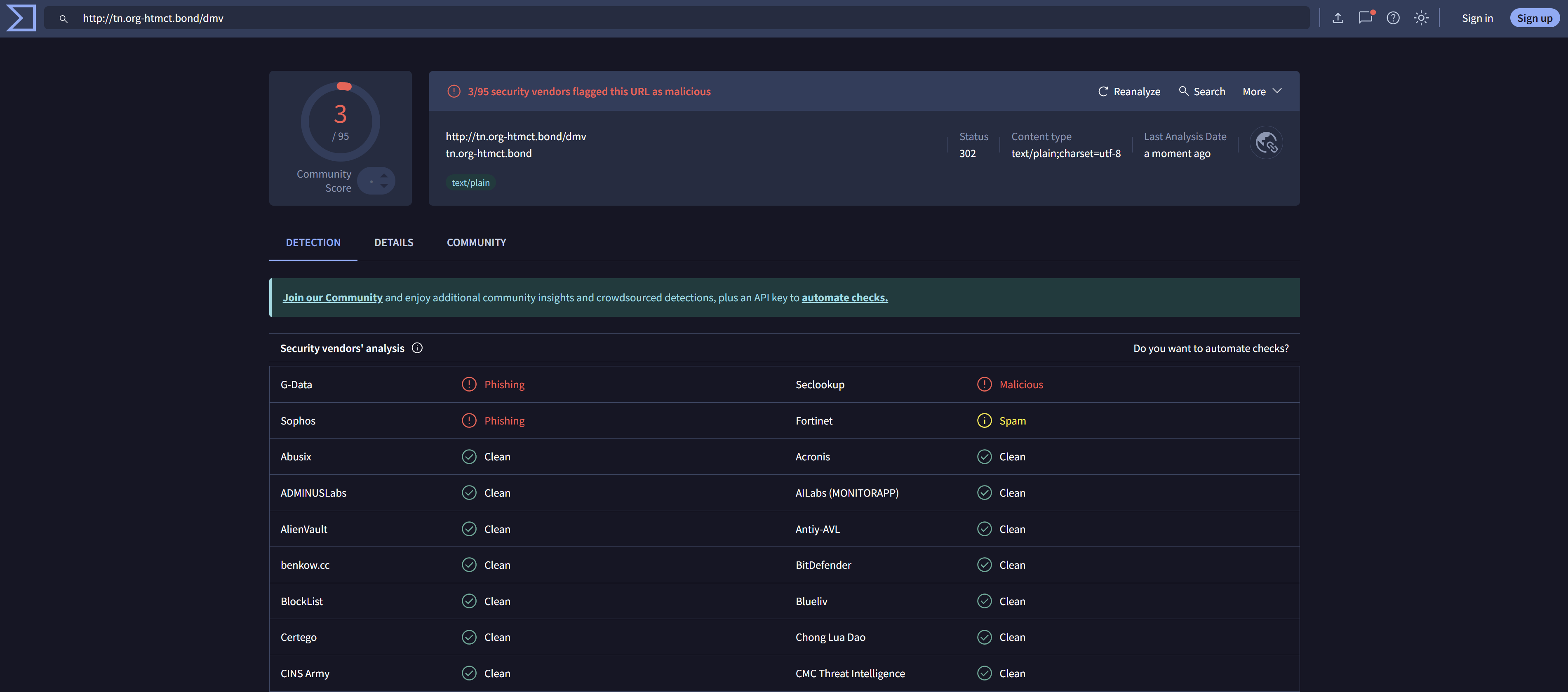 VirusTotal detection for the malicious domain
