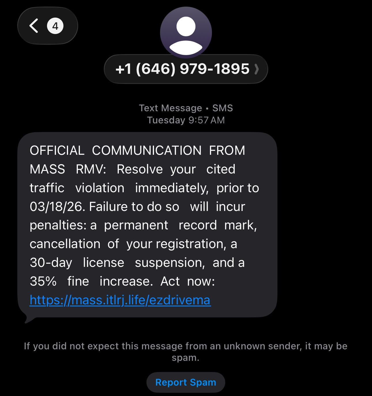 Smishing text message impersonating Massachusetts RMV