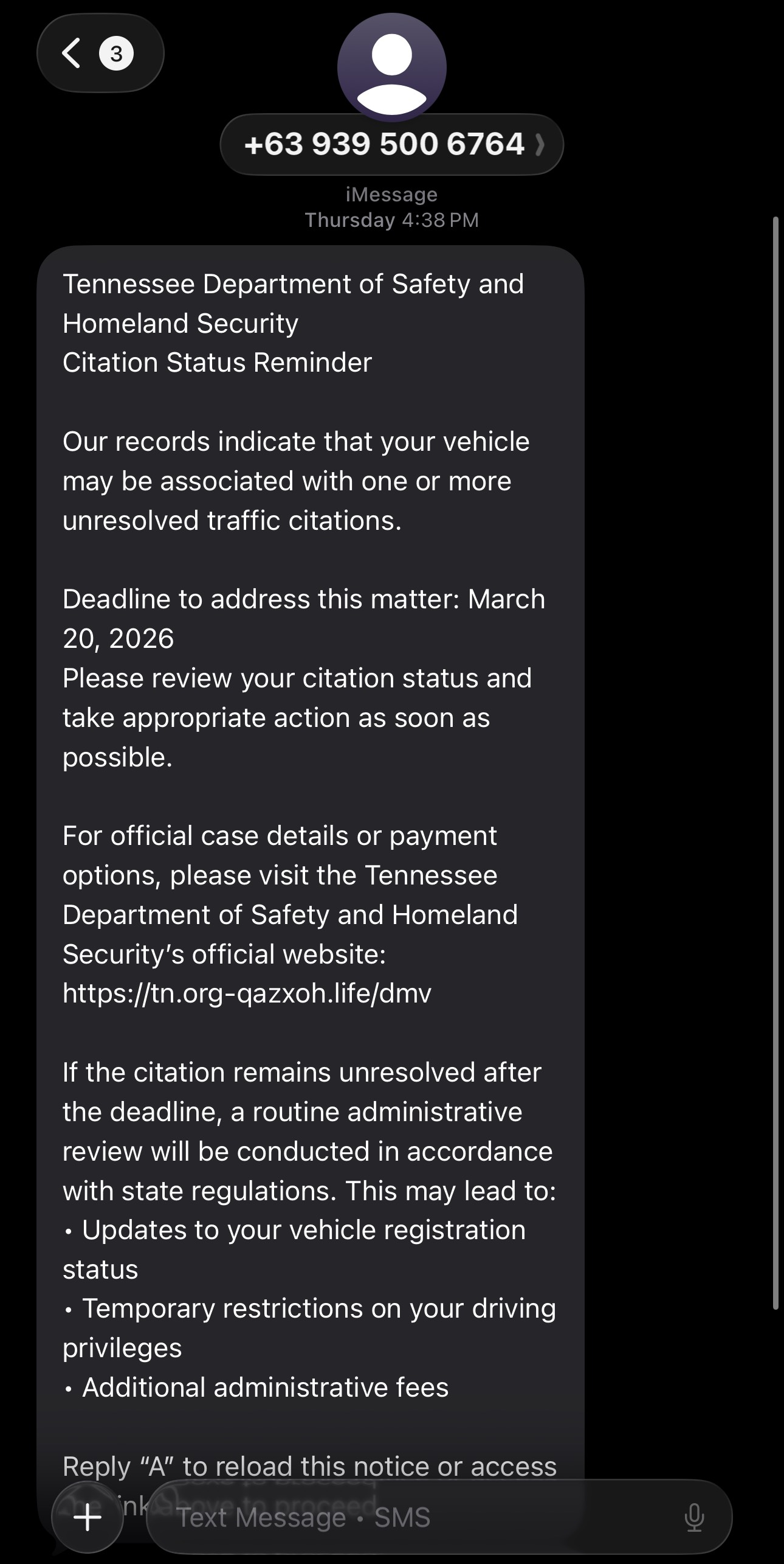 Smishing text message impersonating Tennessee TDOSHS
