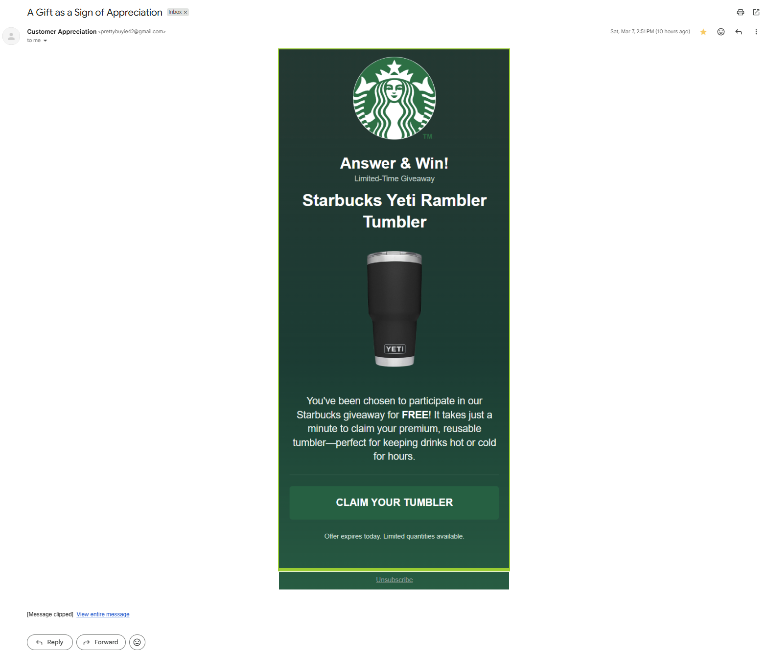 Phishing email in Gmail primary inbox showing Starbucks Yeti Rambler lure