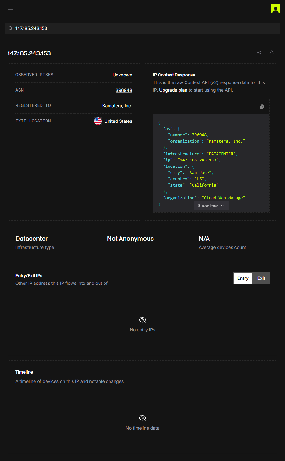 Spur.us IP intelligence for 147.185.243.153 showing Kamatera datacenter