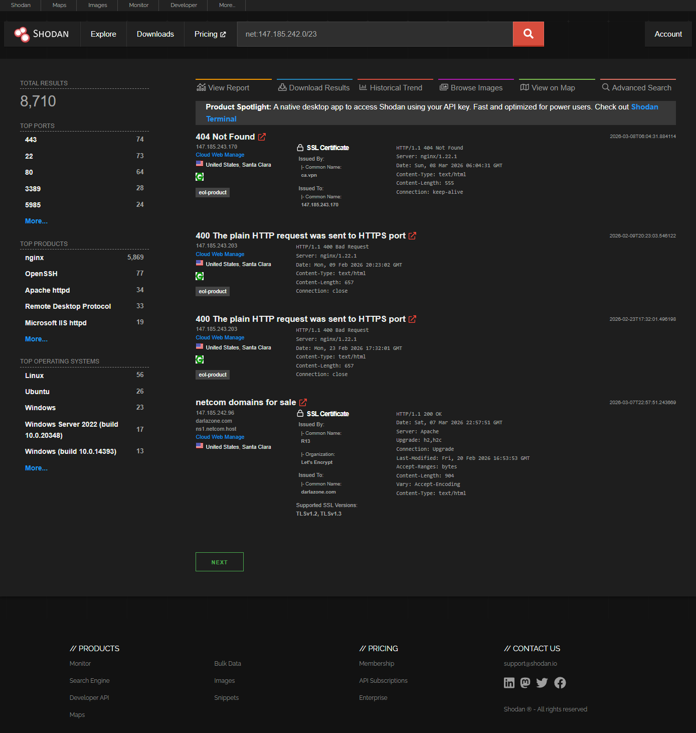 Shodan subnet scan showing FlexBlaster Bot and mail servers in the /23