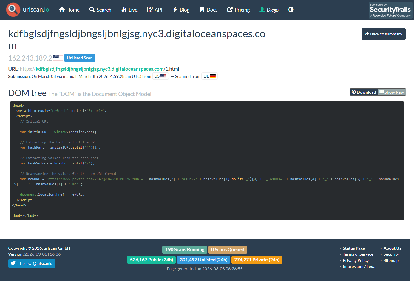 URLScan DOM capture of the 603-byte JavaScript redirector