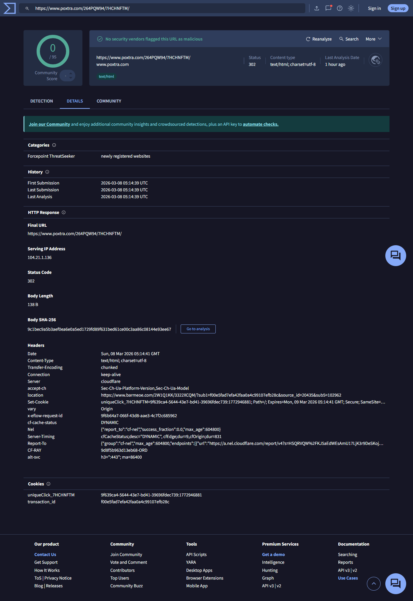 VirusTotal HTTP response for poxtra.com showing 302 redirect and affiliate parameters