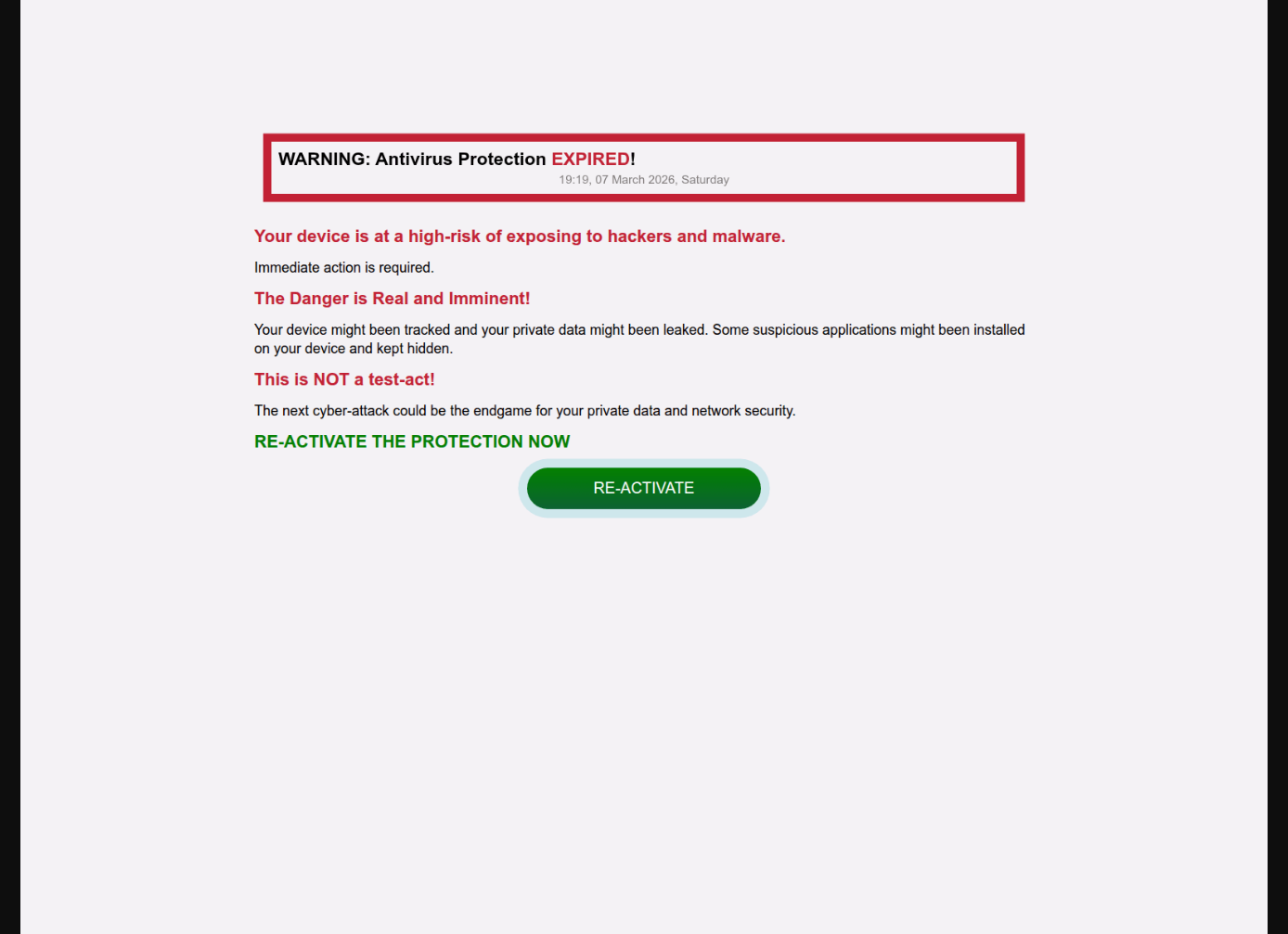 Fake antivirus scareware landing page - WARNING: Antivirus Protection EXPIRED