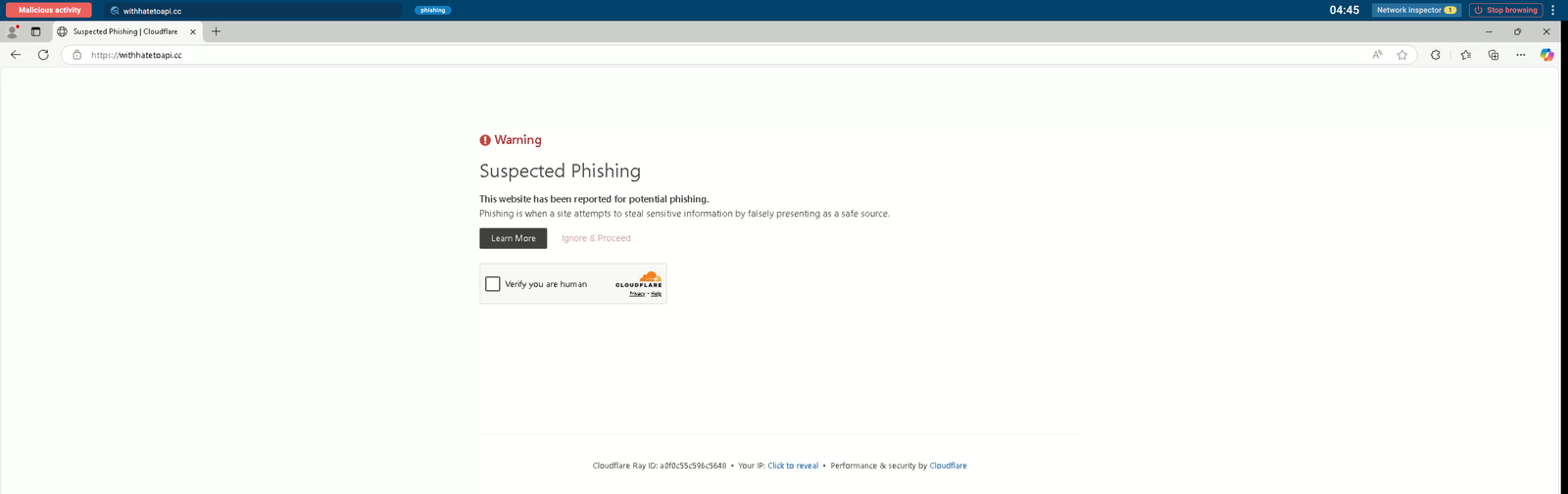 The withhatetoapi.cc platform domain rendered in the ANY.RUN sandbox, now showing a Cloudflare 'Warning: Suspected Phishing' interstitial stating the website has been reported for potential phishing